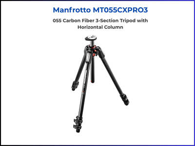 Manfrotto MT055CXPRO3 tripod with 055 Carbon Fiber 3-Section design and horizontal column, ideal for real estate photography.