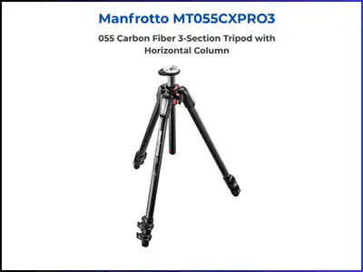 Manfrotto MT055CXPRO3 tripod with 055 Carbon Fiber 3-Section design and horizontal column, ideal for real estate photography.