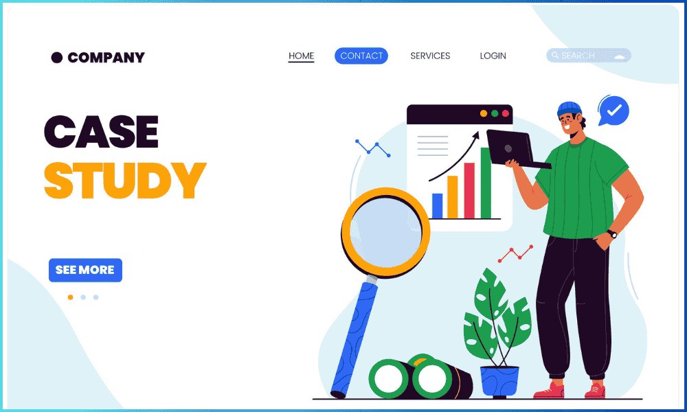 Professional analyzing growth charts and data with magnifying glass and binoculars, representing case study analysis for real estate leads on Facebook.