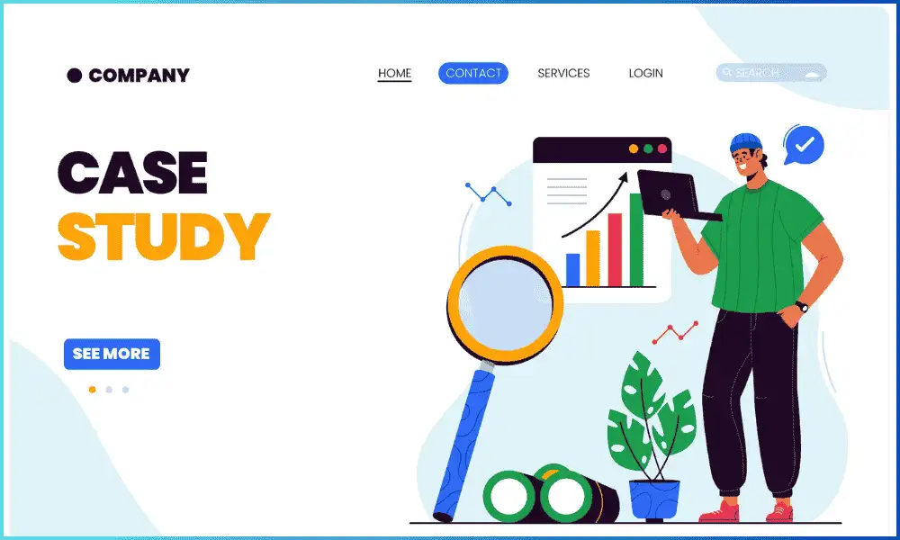 Professional analyzing growth charts and data with magnifying glass and binoculars, representing case study analysis for real estate leads on Facebook.