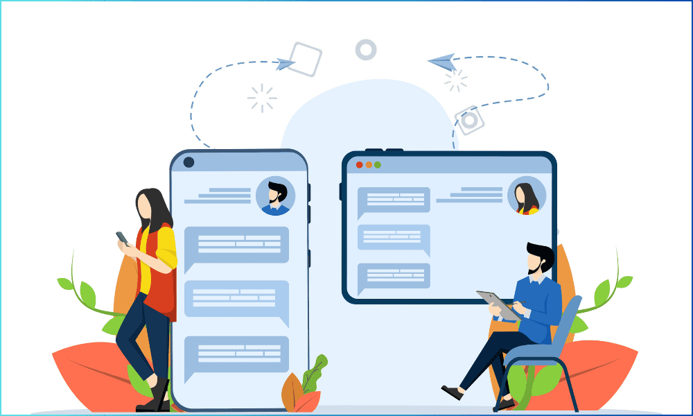 Man and woman using phone and desktop to follow chat scripts, converting real estate leads on Facebook into phone conversations.