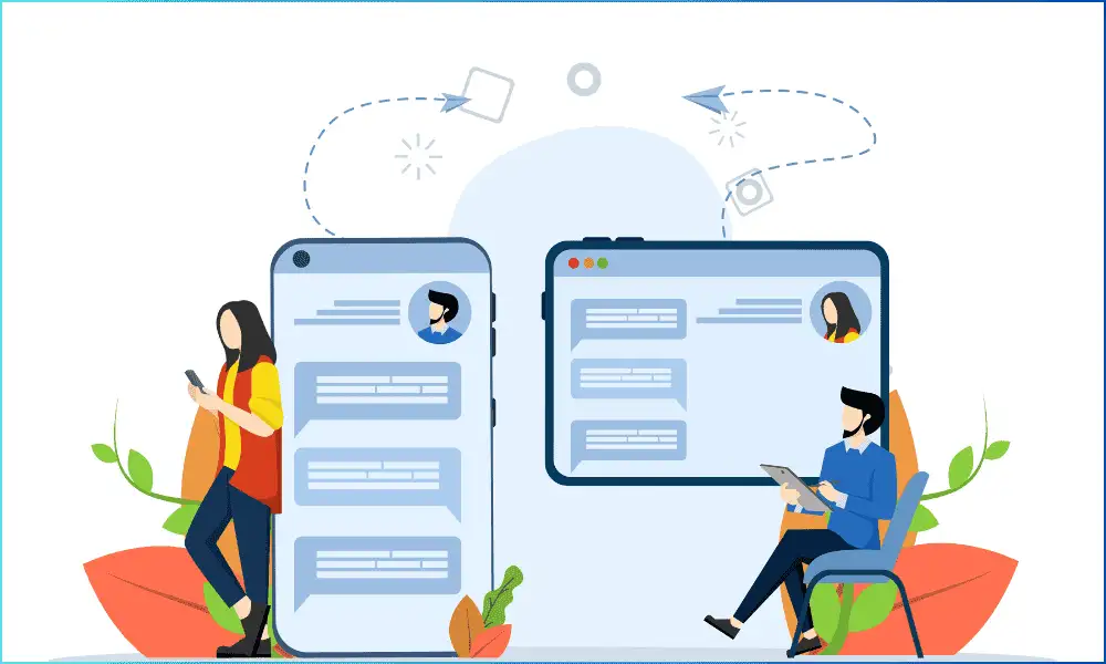 Man and woman using phone and desktop to follow chat scripts, converting real estate leads on Facebook into phone conversations.