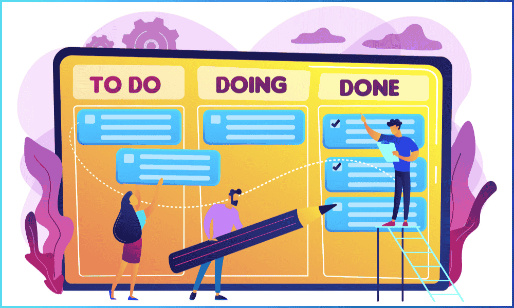 Team managing a Kanban board with "To Do," "Doing," and "Done" columns, planning real estate leads on Facebook campaigns.