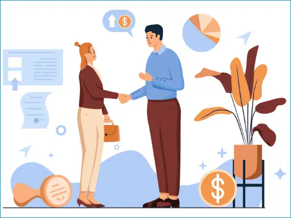 Illustration of two professionals shaking hands with money and document icons.