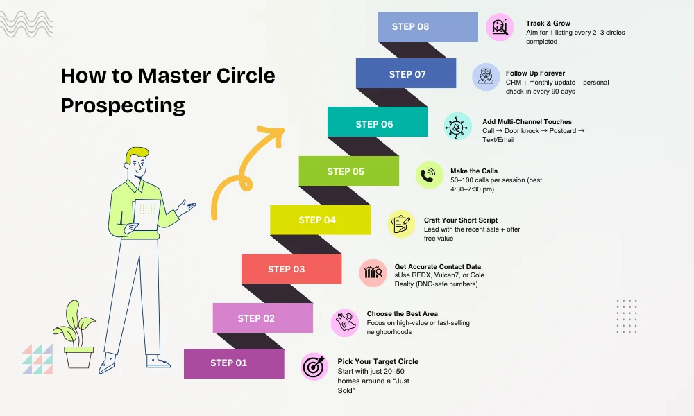 What Is Circle Prospecting in Real Estate – step-by-step infographic showing the 8-step system for circle prospecting in real estate