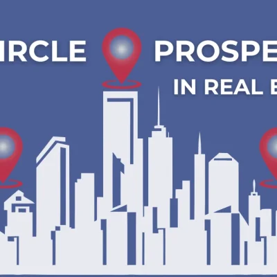 Circle Prospecting in Real Estate – illustration of red map pins circling a city skyline on blue background
