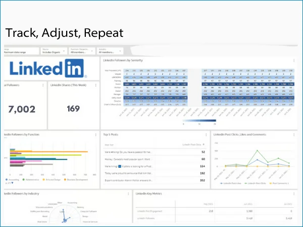 LinkedIn analytics dashboard with follower growth, post performance, and engagement charts.