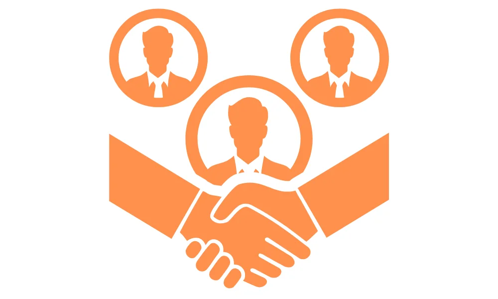 Orange icon of a handshake in the foreground with three professional silhouettes above, illustrating how do you get your real estate license by partnering with a sponsoring broker