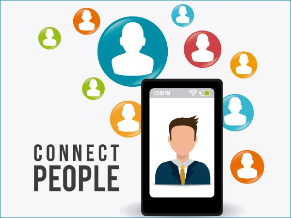 Illustration of smartphone connecting people icons for networking.