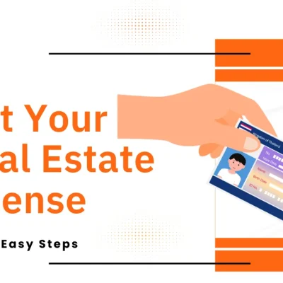 Illustration of a hand inserting a real estate license card into an orange slot, with bold orange text reading "Get Your Real Estate License With 9 Easy Steps