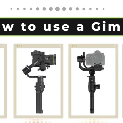 Step-by-step visual guide on how to use a gimbal: four key positions showing balancing and mounting a camera on a DJI Ronin gimbal.