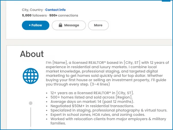 LinkedIn About section example for real estate agents with bio, stats, and expertise.