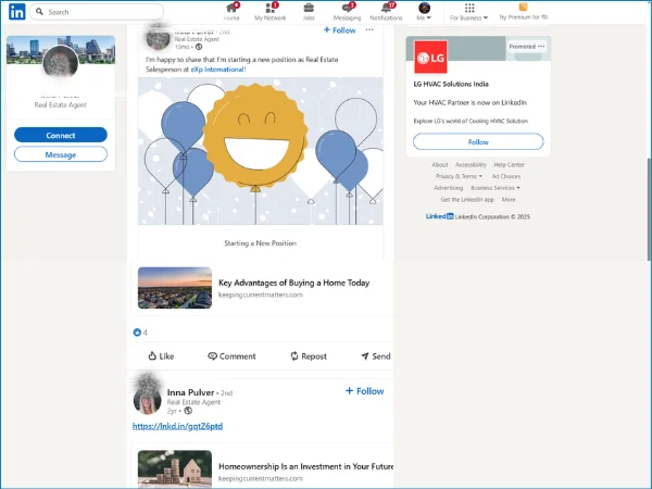 LinkedIn feed screenshot with real estate posts, engagement icons, and connections.