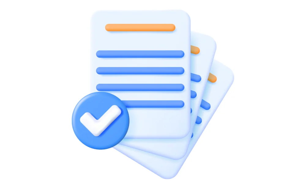 3D illustration of stacked documents with blue highlighted lines and a large blue checkmark button, symbolizing approved application and fingerprint submission