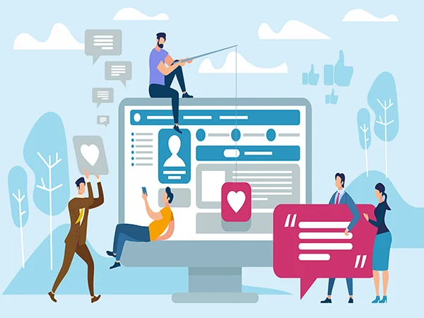 Illustration of people engaging with a giant LinkedIn profile on screen, symbolizing trust and interaction.