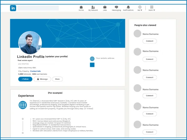 Screenshot example of a LinkedIn profile for real estate agents showing headline, about section, experience, and connection suggestions.