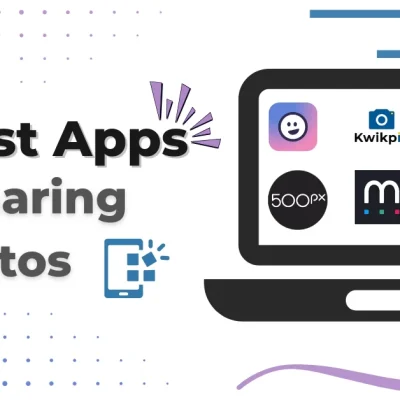 Graphic illustration titled "15 Best Apps for Sharing Photos" featuring a laptop displaying app icons including a smiling face emoji app, Kwikpic, Apple logo, 500px, Mix, and a red circular icon, with decorative sparkles and a phone sharing photos icon.