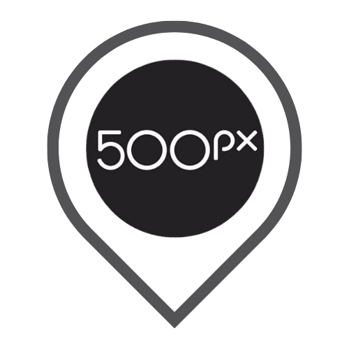 500px app icon: a black circle with white "500px" text inside a gray location pin outline.
