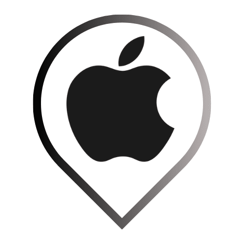 Apple Photos app icon: a black Apple logo with a leaf inside a gradient gray location pin outline.