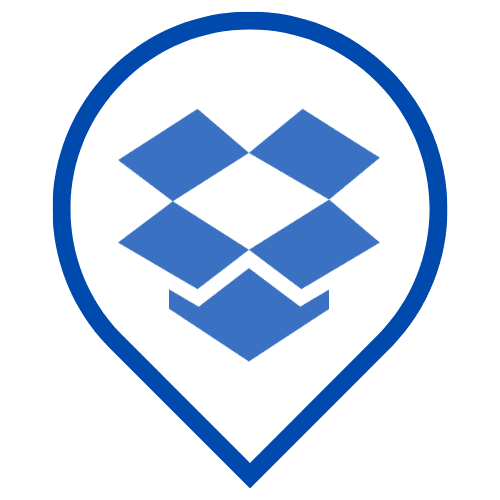 Blue map pin icon featuring the iconic Dropbox logo, symbolizing secure and efficient file sharing for businesses.