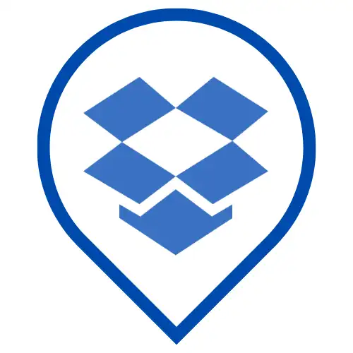 Blue map pin icon featuring the iconic Dropbox logo, symbolizing secure and efficient file sharing for businesses.