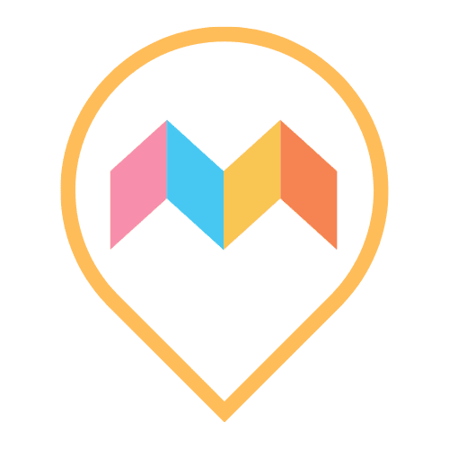 Family album app icon: a colorful zigzag "M" in pink, blue, yellow, and orange inside an orange location pin outline.