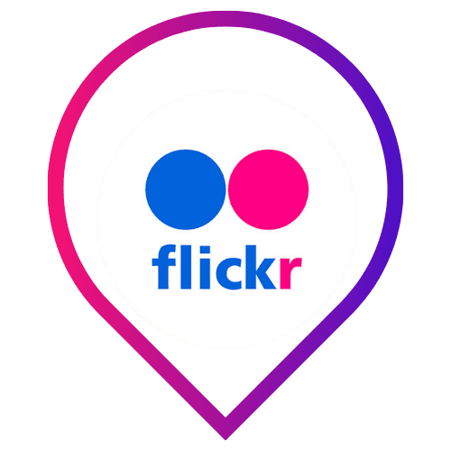 Pink and purple map pin icon with the Flickr logo in blue and pink circles, highlighting the best app for high-resolution photo sharing.