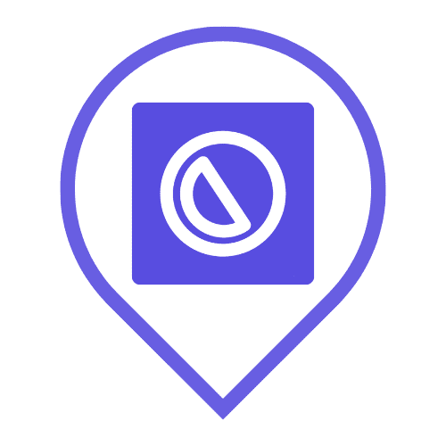 GuestCam app icon: a purple location pin pointer with a white pie chart circle symbol on a purple square background.