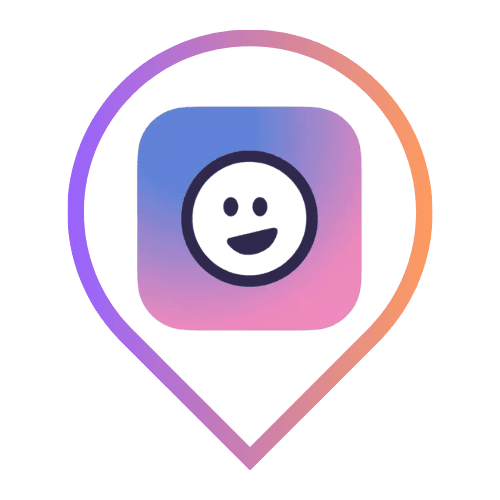 Happyfeed app icon: a smiling face emoji on a blue-to-pink gradient rounded square inside a purple-to-orange gradient location pin outline.
