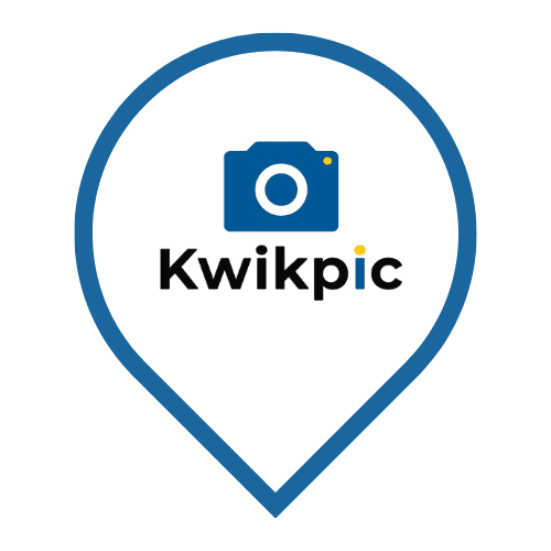 Kwikpic app icon: a blue camera above the text "Kwikpic" with a yellow dot on the "i" inside a blue location pin outline.