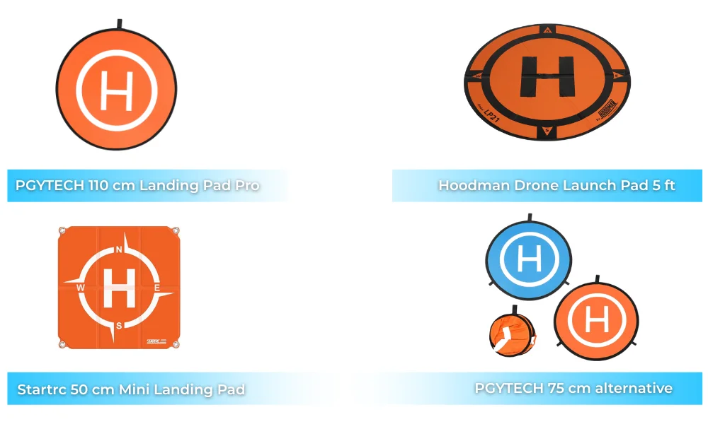 Drone landing pads: PGYTECH 110 cm Landing Pad Pro, Hoodman Drone Launch Pad 5 ft, Startrc 50 cm Mini Landing Pad, and PGYTECH 75 cm foldable alternative – essential drone accessories