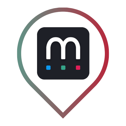 Mylio Photos app icon: a black rounded square with a white stylized "M" and small blue, green, red dots below inside a gradient teal-to-red location pin outline.