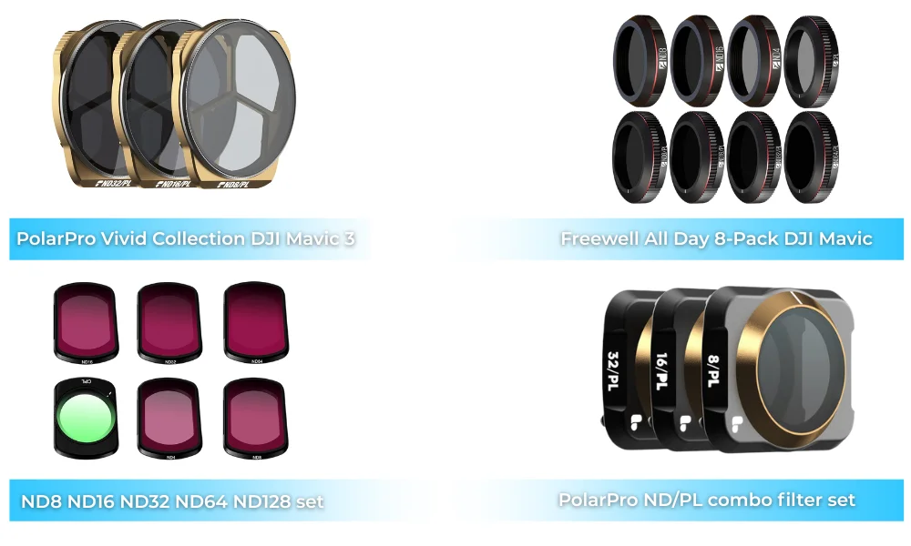 Drone ND filter sets: PolarPro Vivid Collection for DJI Mavic 3, Freewell All Day 8-Pack for DJI Mavic, ND8-ND128 gradient set, and PolarPro ND/PL combo filters – essential drone accessories for cinematic footage