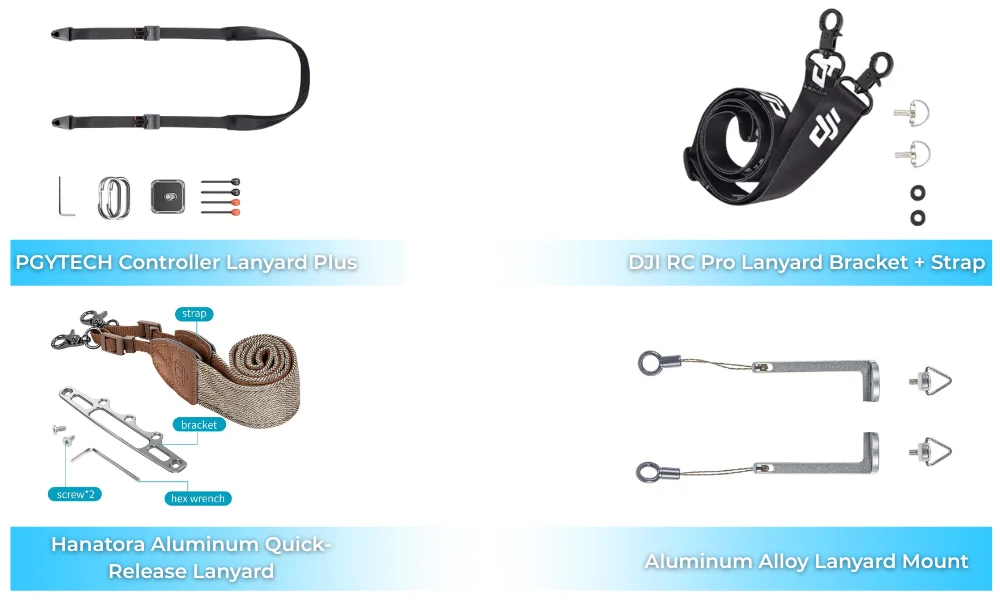 Drone controller lanyards and neck straps: PGYTECH Controller Lanyard Plus, DJI RC Pro Lanyard Bracket + Strap, Hanatora Aluminum Quick-Release Lanyard, and Aluminum Alloy Lanyard Mount – essential drone accessories