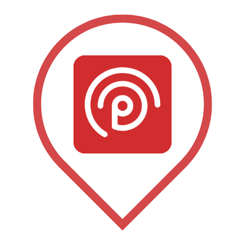 PhotoCircle app icon: a red square with a white stylized "P" and circular waves inside a red location pin outline.