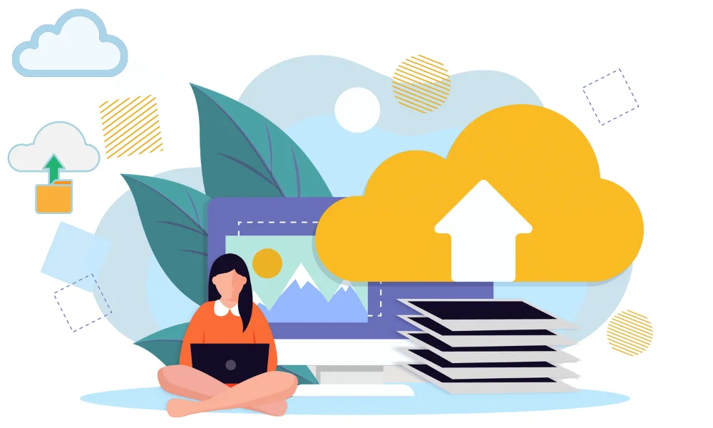 Photographer uploading a large stack of high-resolution photos from laptop to cloud storage for photographers, with upload arrows and cloud icons.