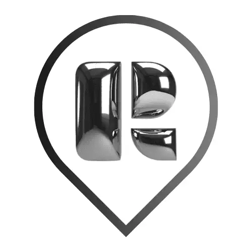 Retro app icon: a metallic chrome stylized "R" logo inside a grayscale location pin pointer on a white background.