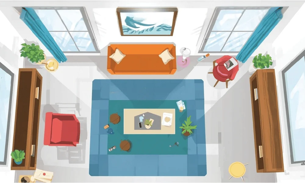 Illustrated top-down view of a perfectly staged living room showing the 3-Foot 5-Foot Rule – clean, balanced, and buyer-ready
