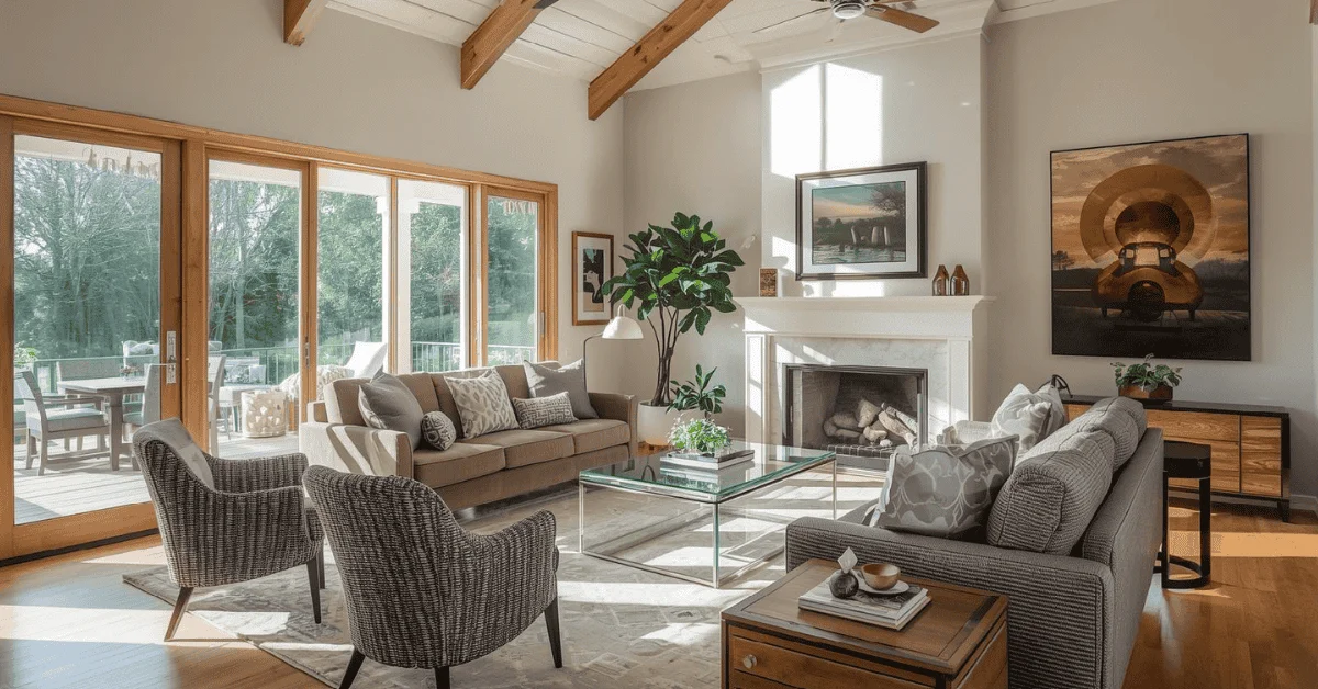 Bright modern living room with exposed beams and fireplace staged using the 3-Foot 5-Foot Rule – perfect real estate photography example