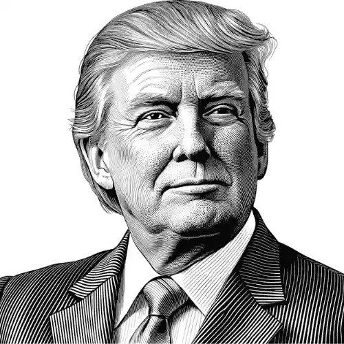 Donald Trump in a detailed black-and-white engraved portrait, wearing a suit and tie, serious expression – Who Is The Most Photographed Person In The World