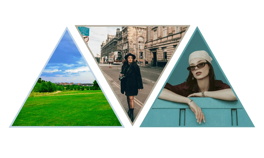 Triangular composition of three photographs: a lush green landscape in the bottom left, a woman walking on a city street with a double-decker bus in the center, and a stylish portrait of a woman in sunglasses in the bottom right, demonstrating balanced subject allocation.