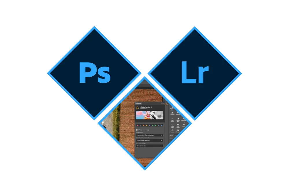 Adobe Photoshop (Ps) and Lightroom (Lr) logos positioned above a screenshot of Nik Collection plugin interface applying filters to an aerial landscape photo, illustrating post-processing tools.