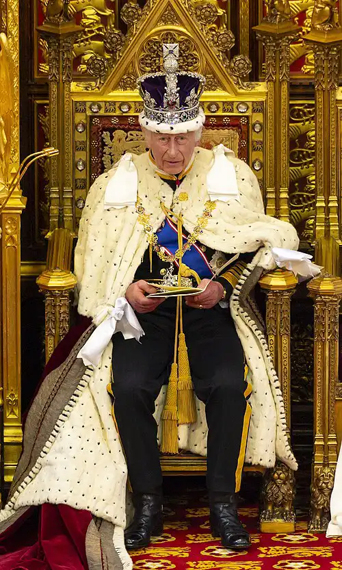 King Charles III seated on the ornate golden throne in full coronation regalia, wearing the Imperial State Crown and royal robes – Who Is The Most Photographed Person In The World