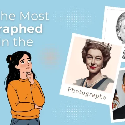 Thoughtful woman pondering "Who Is The Most Photographed Person In The World?" surrounded by framed portraits of Queen Elizabeth II, Donald Trump, Taylor Swift, Barack Obama, and Beyoncé – Who Is The Most Photographed Person In The World