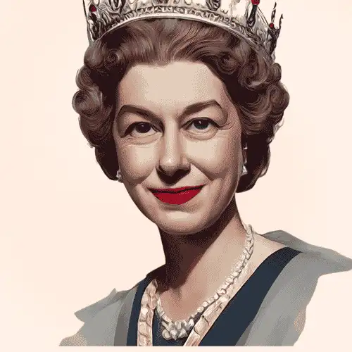 Queen Elizabeth II in a regal crown and pearls, the most photographed person in the world, smiling in an elegant royal portrait illustration – Who Is The Most Photographed Person In The World