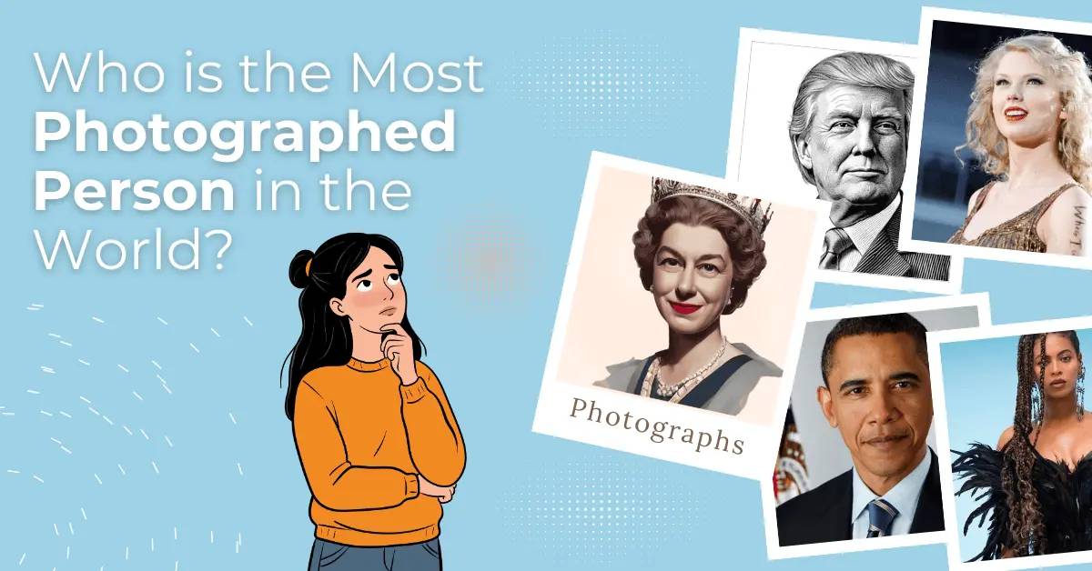 Thoughtful woman pondering "Who Is The Most Photographed Person In The World?" surrounded by framed portraits of Queen Elizabeth II, Donald Trump, Taylor Swift, Barack Obama, and Beyoncé – Who Is The Most Photographed Person In The World