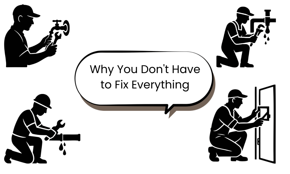 Black silhouette illustration of repair workers fixing leaky faucets, pipes, and doors, with a central speech bubble reading "Why You Don't Have to Fix Everything" – perfect for explaining what not to fix when selling a house.