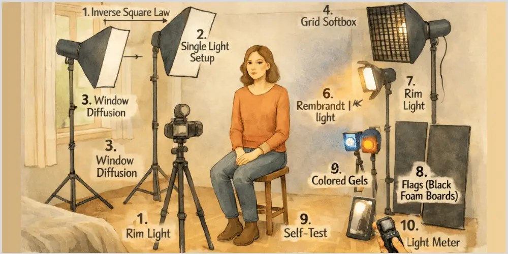 Setting up a photography studio: 10 lighting tricks diagram showing inverse square law, Rembrandt light, rim light, gels, flags, and more in home setup