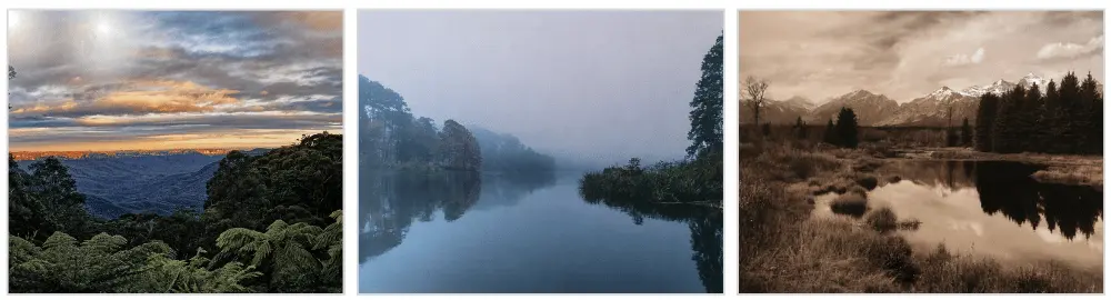 Three 8x10-inch Mpix photo prints showing stunning landscapes — a mountain sunset, a misty lake, and a sepia mountain reflection scene.