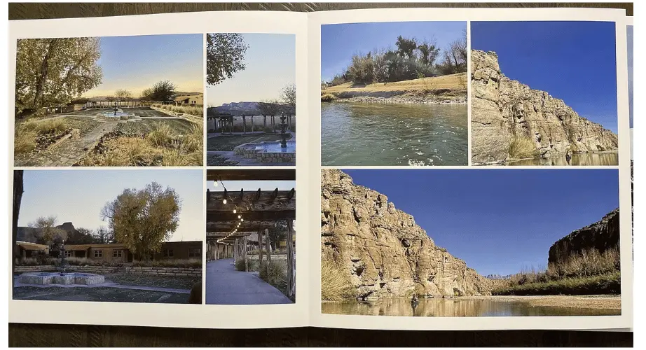 An open Mpix photo book displaying scenic outdoor landscapes with trees, water, and rocky cliffs under clear skies.